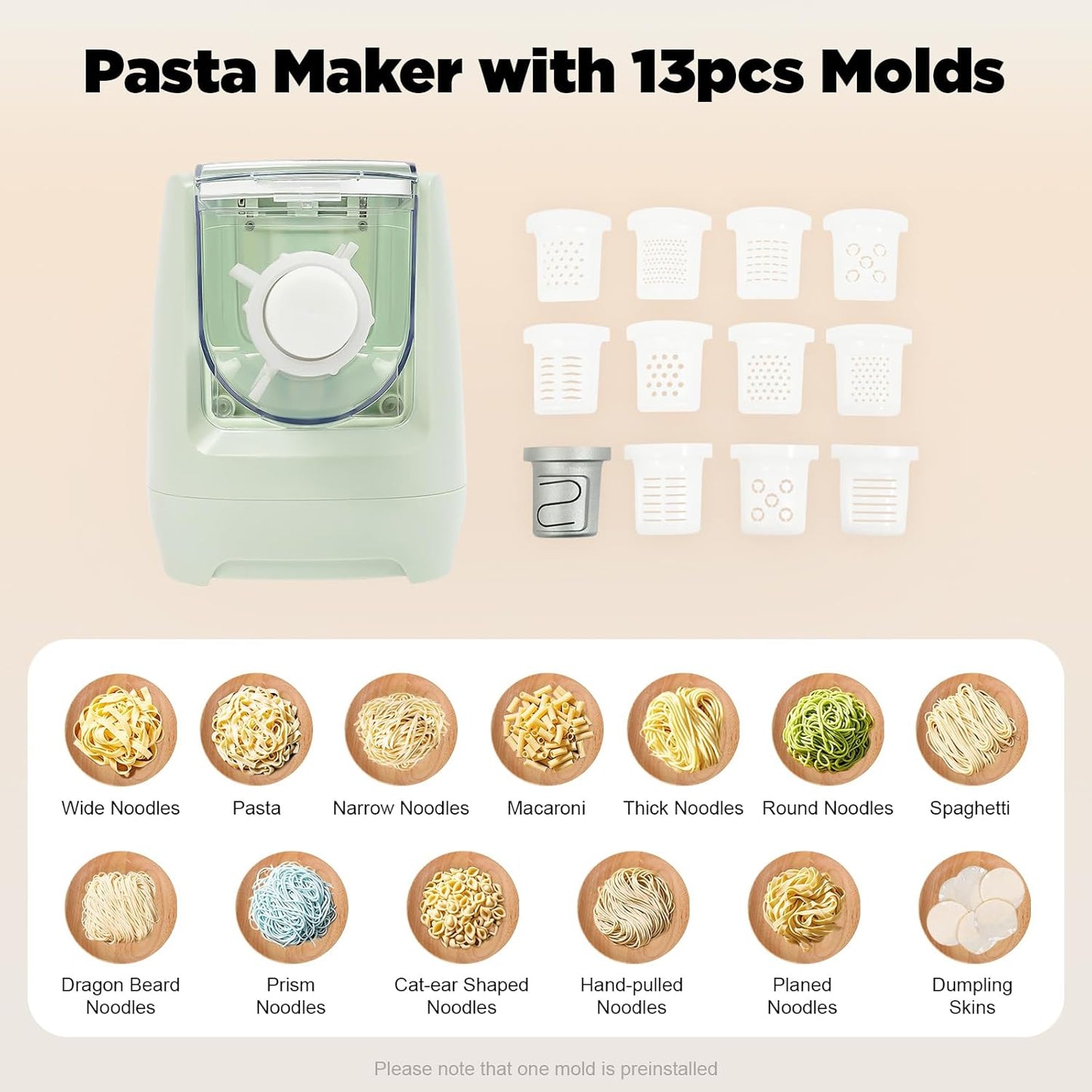 110V 260W Green Electric Pasta Maker Machine,Automatic Roller Noodle Maker Dumpling Skin Dough Machine with 13 Molds for Home Kitchen Use