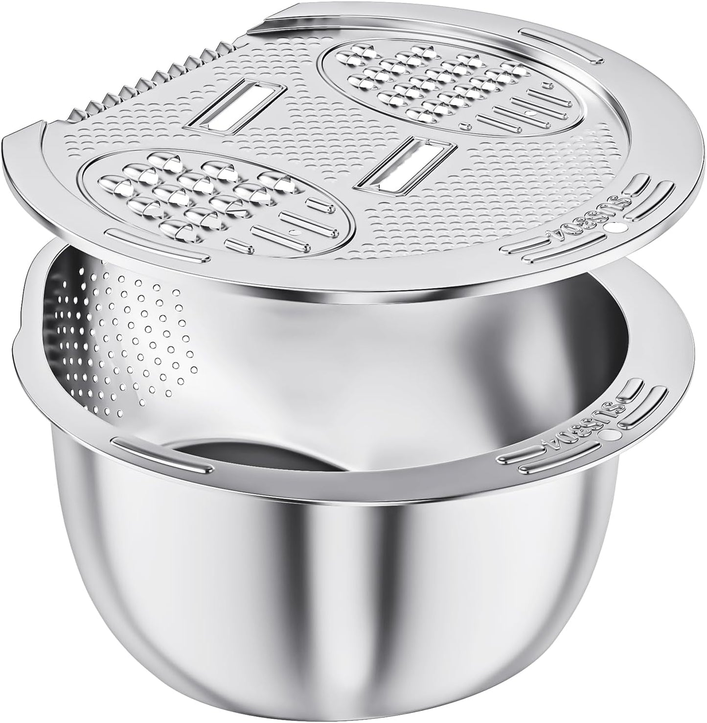 ESOW Colander Set Stainless Steel, Rice Washer Strainer Bowl with Grater, Multipurpose Use for Food Storage, Draining Water, Cutting and Slicing/Shredding, Kitchen Essentials
