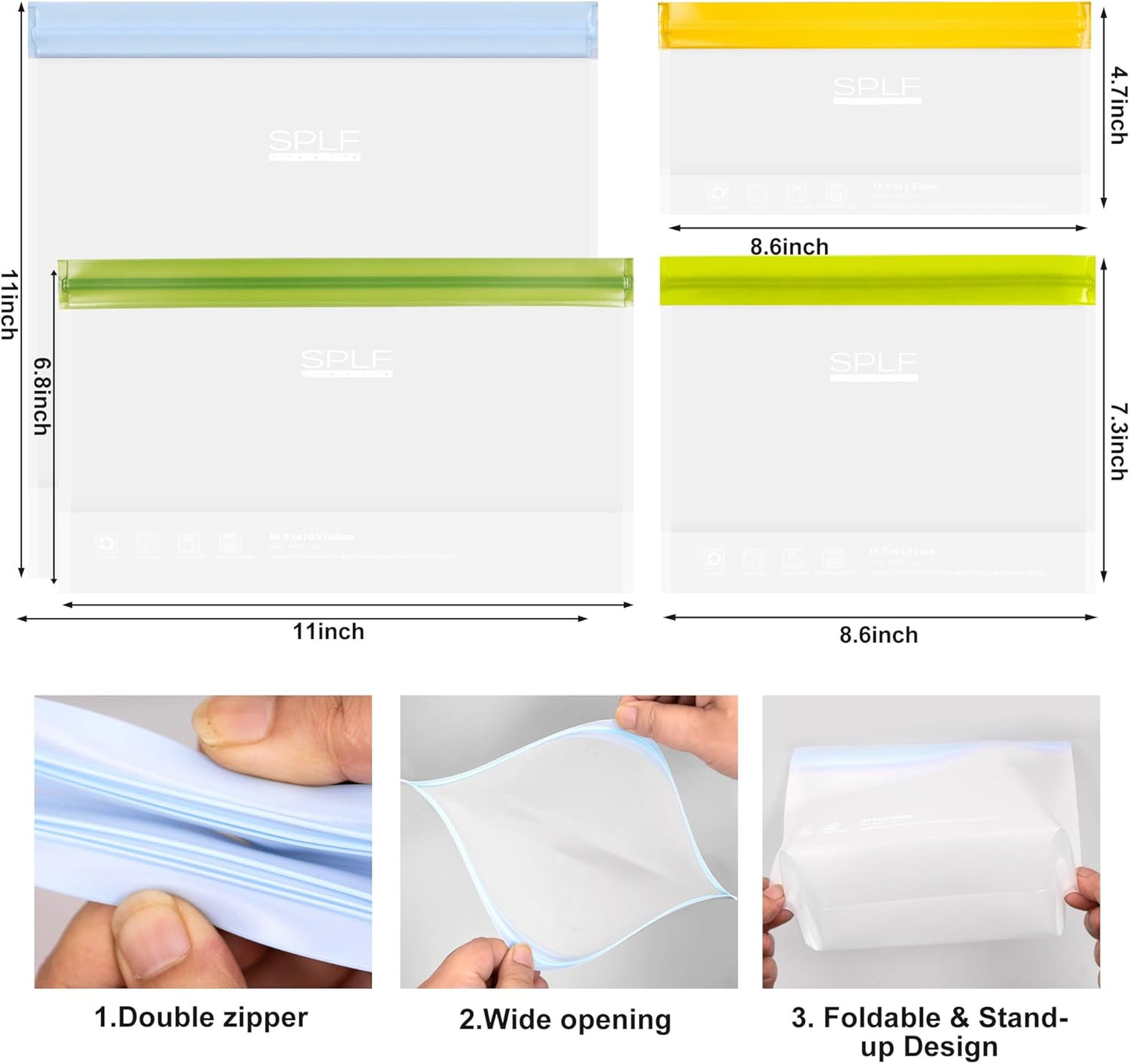 SPLF 8 Pack Stand-Up Reusable Half Gallon Freezer Bags Dishwasher Safe, Extra Thick Leakproof 1/2 Gallon Food Storage Bags, BPA Free Silicone for Meal Prep, Marinate, Veggies, Fridge Organization