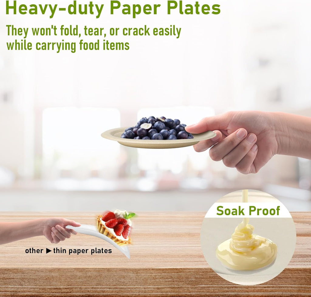 Small 7-Inch Paper Plates Bulk - 200 Count Compostable Eco-Friendly Recycled Mini Dessert Plates, Disposable Bagasse Natural Brown Biodegradable