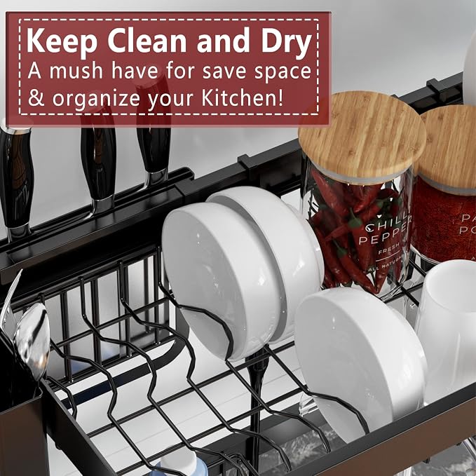 VNKZI Over Sink Dish Drying Rack, 2 Tier Full Stainless Steel Storage - Image 5