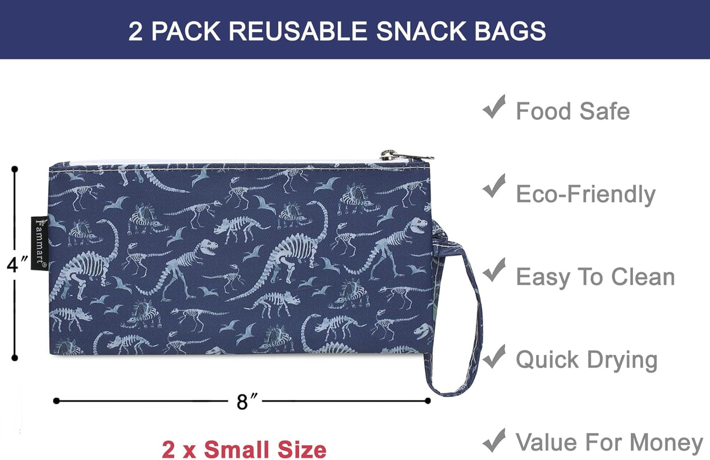 Reusable Sandwich Bag/Snack Bag for Kids & Adults, Dual Layer Lunch Bag with Handle, Washable, Food Safe, BPA Free (2-Pack, Dinosaur Fossil)