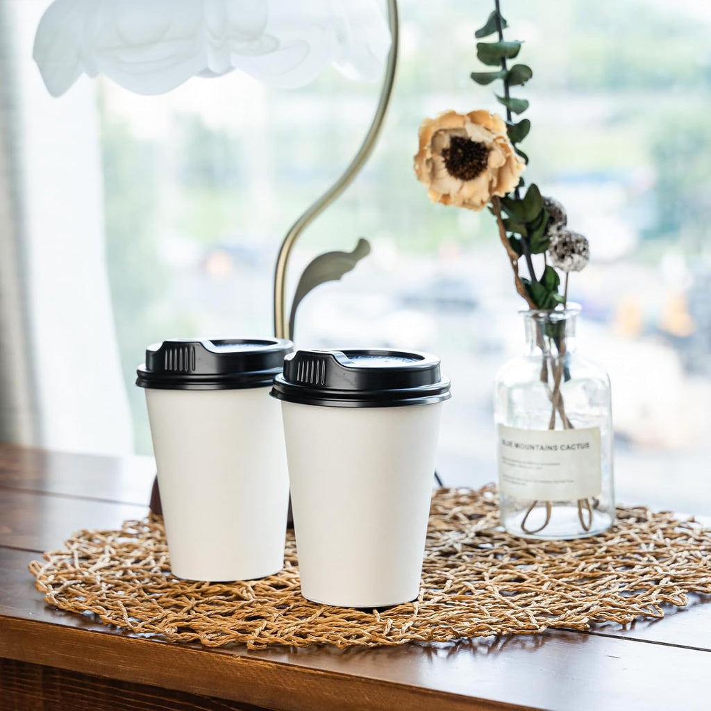 YEEHAW 100 Pack 12oz Coffee Cups with Lids, White Disposable Paper Cups, to Go Coffee Cups for Cafes, Party, and Office