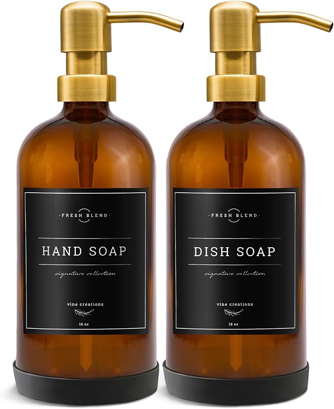 Vine Creations Amber Glass Soap Dispenser, 2 Pack Kitchen Soap Dispenser Set - Image 7