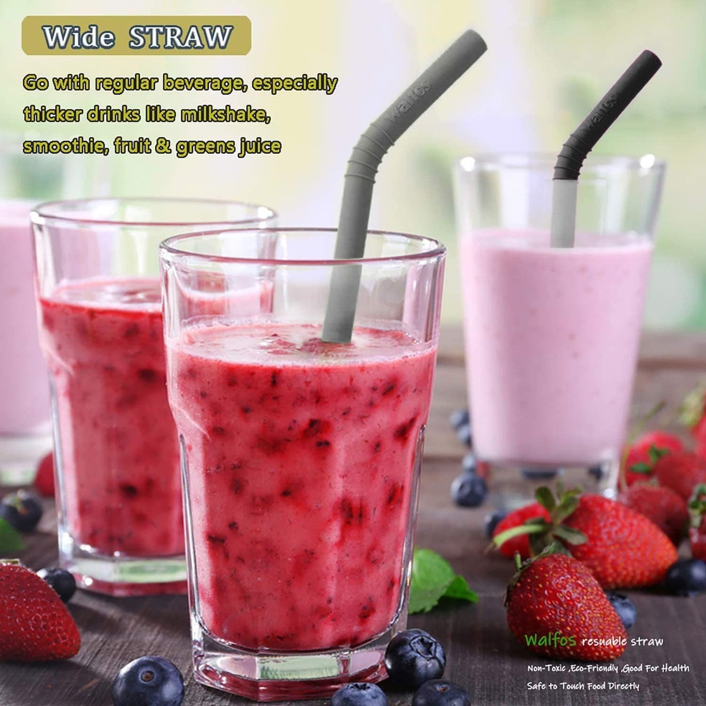 Walfos Reusable Silicone Straws -10.5 Inch Flexible Drinking Bendy straws for Smoothies/20 & 30 oz Tumblers, BPA Free (6 pcs Wide + 1 Cleaning Brushes ）