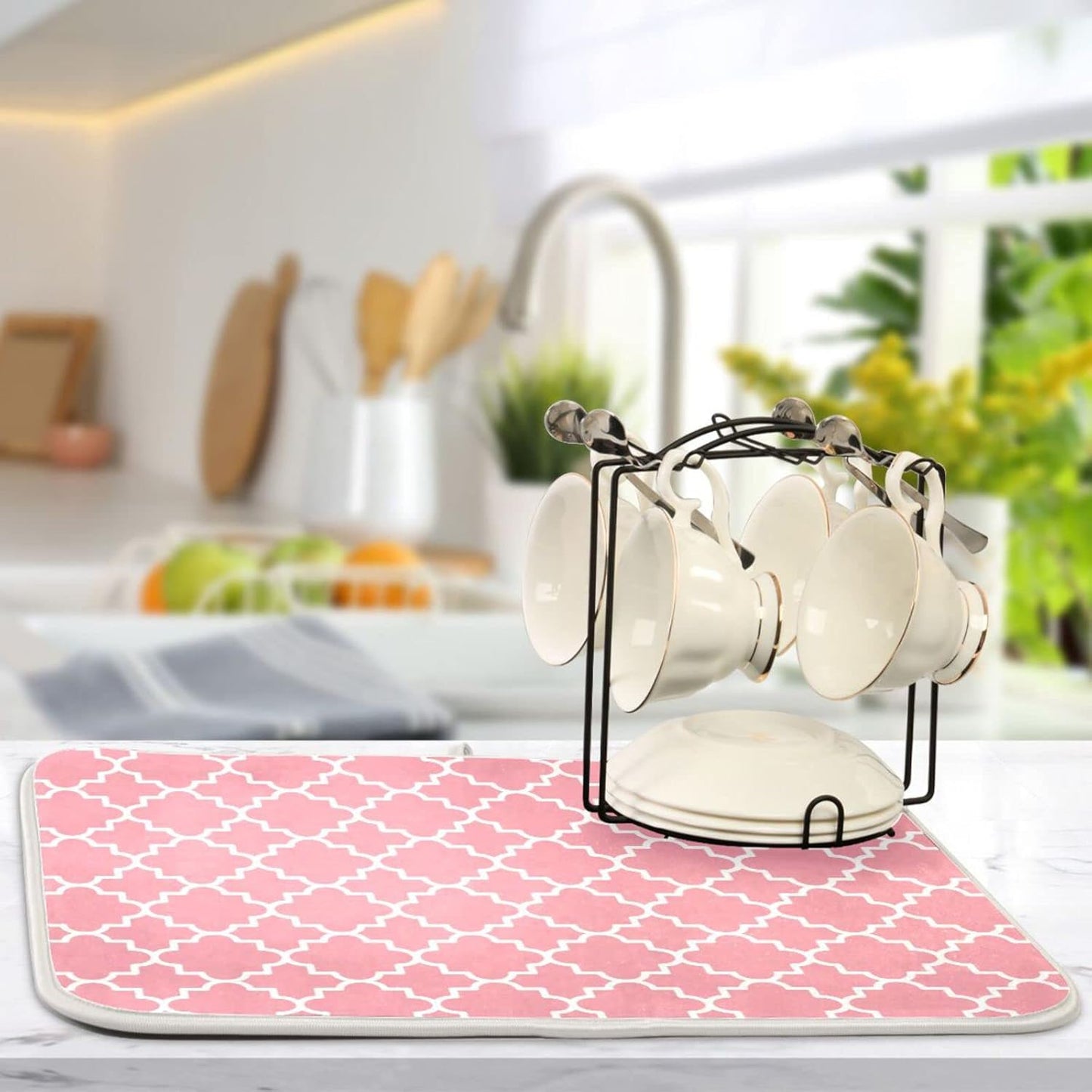 senya Super Absorbent Dish Drying Mat, Microfiber Fast-Drying Dish Mat, 16''x18'', Kitchen Dish Drying Pad, Pink Moroccan