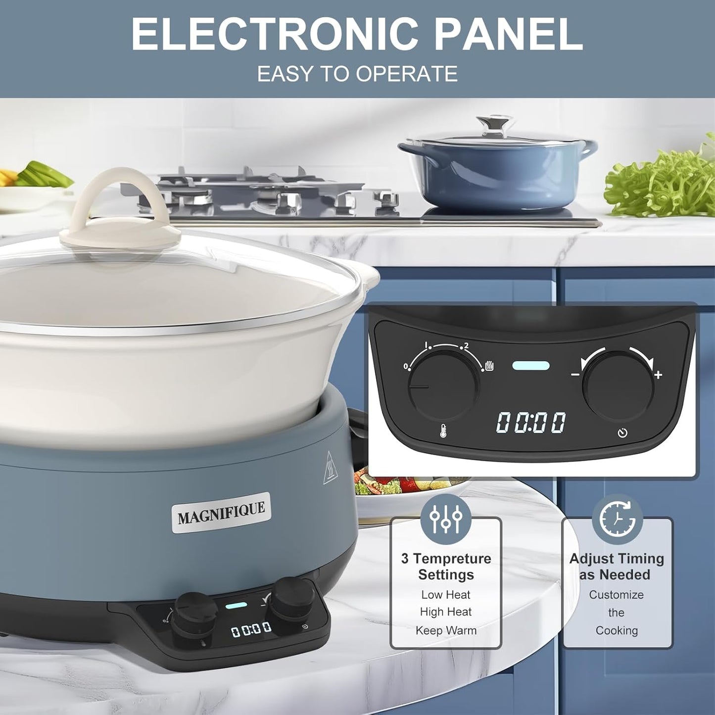 MAGNIFIQUE 5 Quart Programmable Slow Cooker with Auto Warm Setting, Glazed Ceramic Liner, Kitchen Small Appliance for Family Dinners, Blue