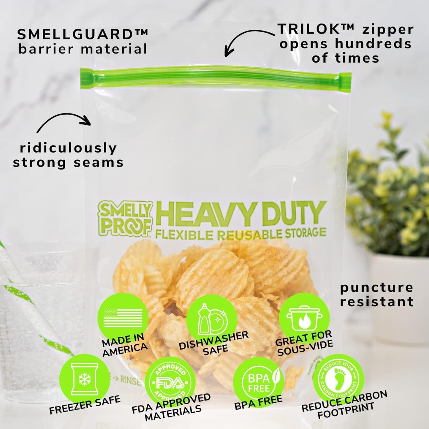 BULK VALUE, Smelly Proof 50-Pack HEAVY DUTY 5-mil Reusable Bags, Stand-Up, Expandable, Dishwasher-Safe, Odor-Proof, Durable Poly Nylon (Non-Silicone) US-Made 8.5" x 10" Quart 50pk