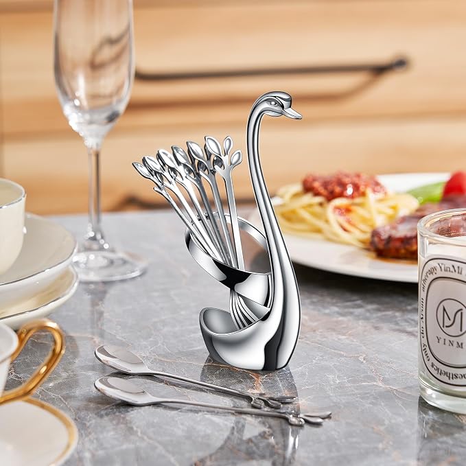 AnSaw Silver Small Coffee Spoon Holder Set, Swan Base - Image 3