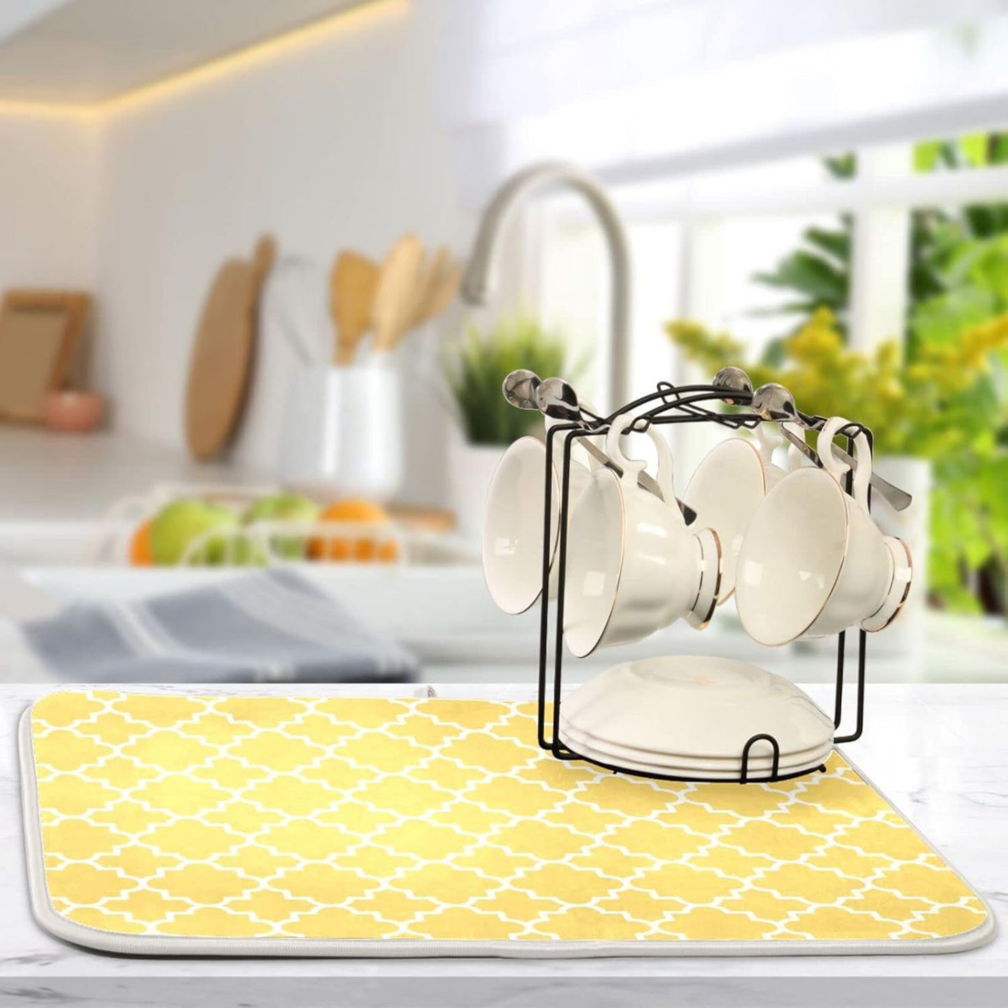 Super Absorbent Dish Drying Mat, Microfiber Fast-Drying Dish Mat, 24" x 18", Kitchen Dish Drying Pad, Quatrefoil Lattice Yellow Pattern