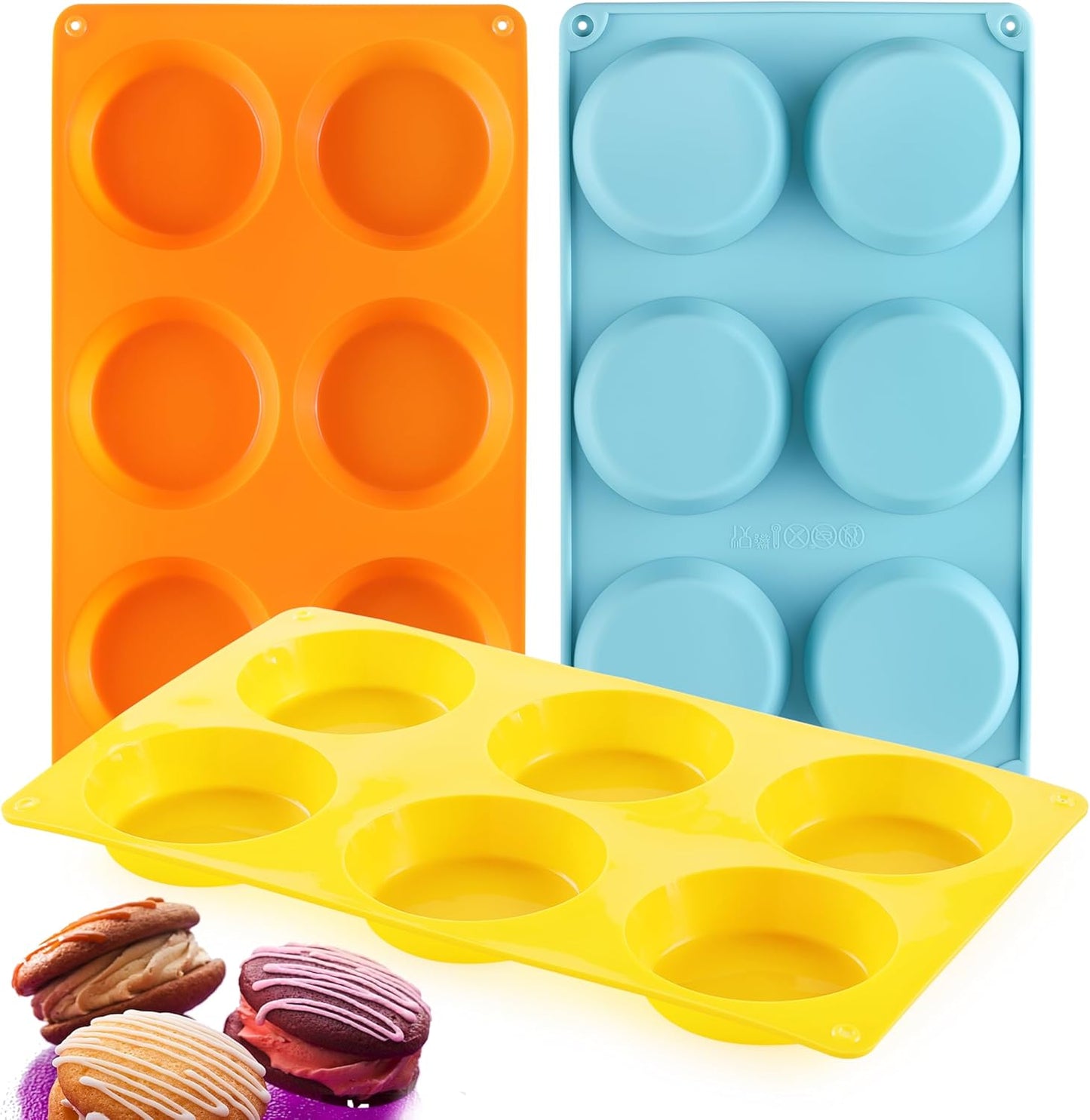 Muffin Top Pan, Silicone Egg Mold for Breakfast Sandwiches, Non-Stick 3" Round Egg Molds for Muffin Top, Whoopie Pies, Corn Bread, Tarts (Set of 3)
