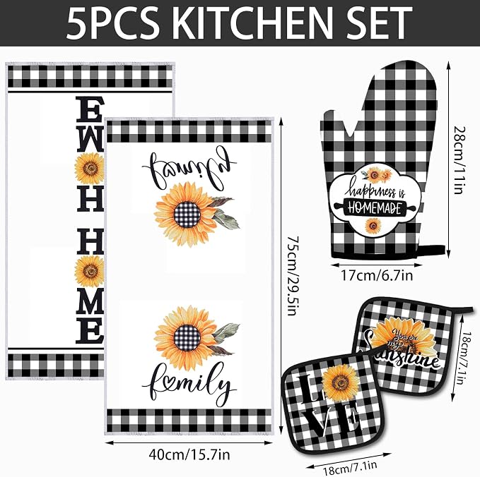 5 Pieces Buffalo Plaid Kitchen Towels Oven Mitts and Pot Holder Set Black and - Image 2