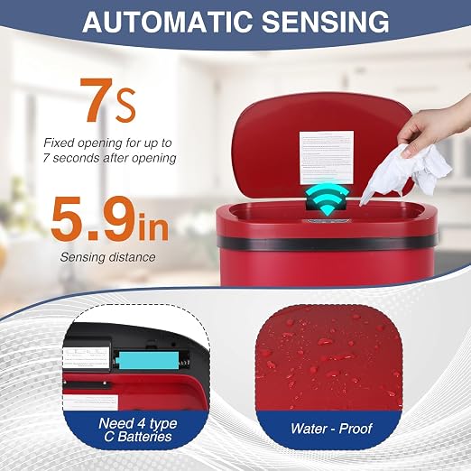 PayLessHere | 13 Gallon Stainless Steel Trash Can | Red | Automatic Touchless - Image 4