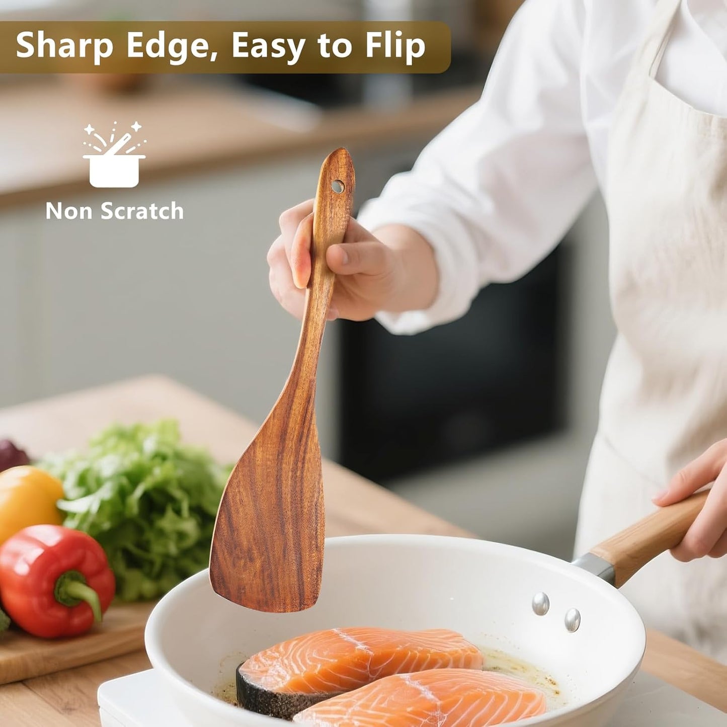 6 Pack Wooden Spoons For cooking – Heat-Resistant Premium Teak Wood Spatula with Comfort Grip, Lightweight Kitchen Cooking Utensils set, wood Spoon utensil Set Perfect for Non-Stick Cookware