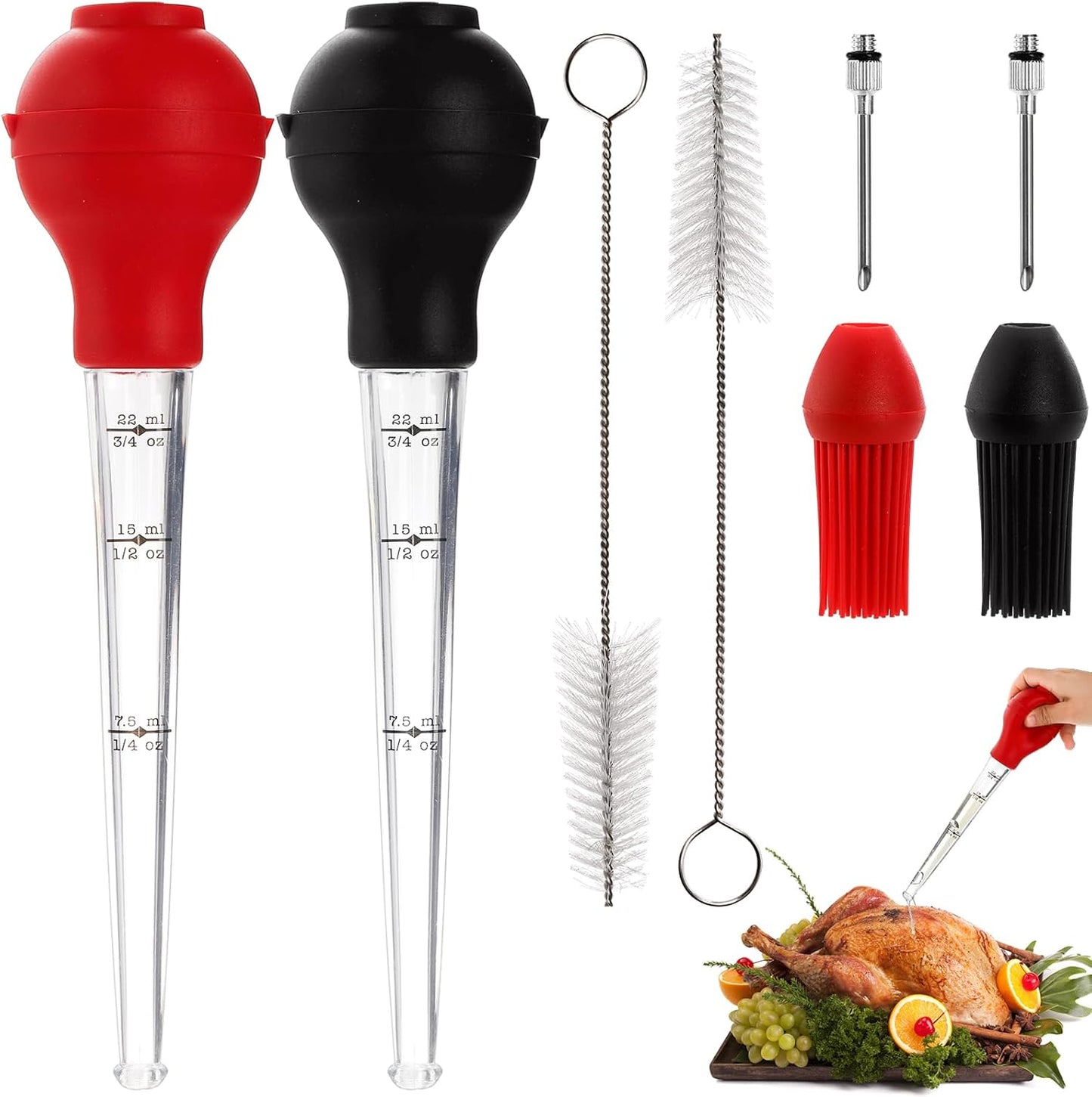 TOPZEA 2 Pack Turkey Baster for Cooking & Basting, Food Grade Baster Syringe Set Including Detachable Round Silicone Bulb, Barbecue Basting Brush, Meat Marinade Injector Needles, Cleaning Brushes