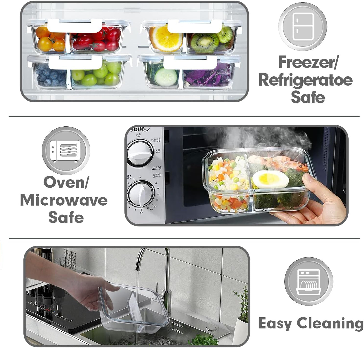VERONES 10 Pack Glass Meal Prep Containers 2 Compartment Set, 30 OZ Airtight Glass Lunch Containers, Food Storage Containers with Lids, for Microwave, Oven, Freezer & Dishwasher Friendly，White