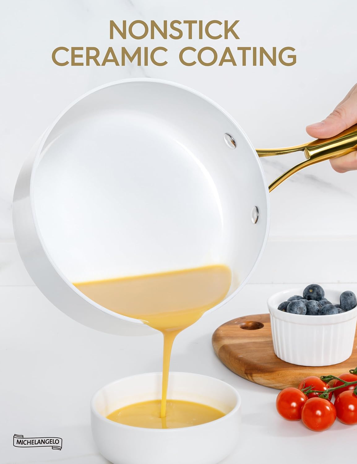 MICHELANGELO 3 Quart Saucepan with Lid, Non-Toxic Ceramic Sauce Pan with Ergonomic Handle, Nonstick 3 Qt Small Pot, Induction-Compatible, White