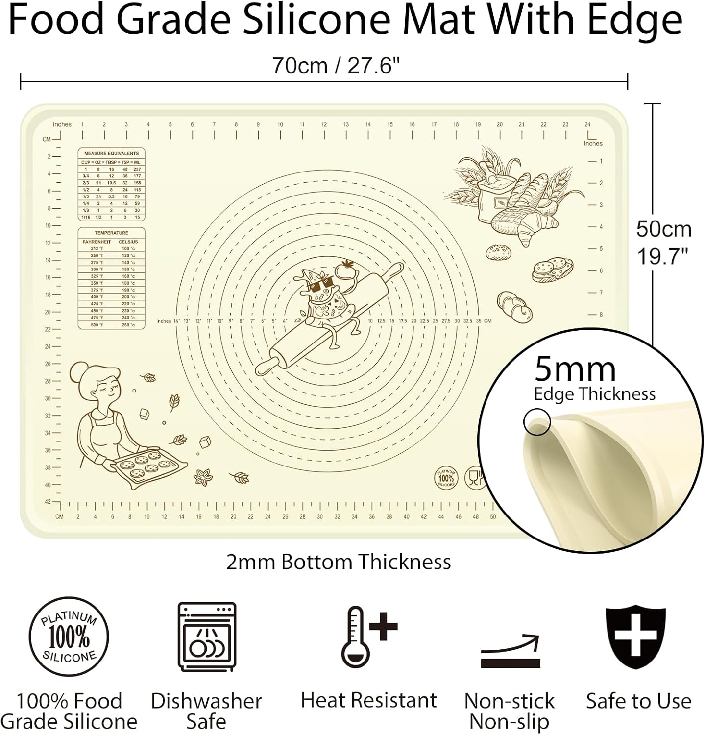 Silicone Baking Mat 28" x 20", Extra Thick Silicone Pastry Mat with Measurements and Edge Heightening, Non-stick Food Grade Dough Rolling Matfor for Pastry, Bread, Cookies, Pizza, Fondant, Pasta