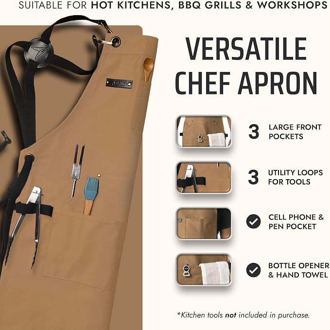 Asaya Chef and BBQ Apron with Bottle Opener and Hand Towel - 10oz Cotton Canvas - Image 2