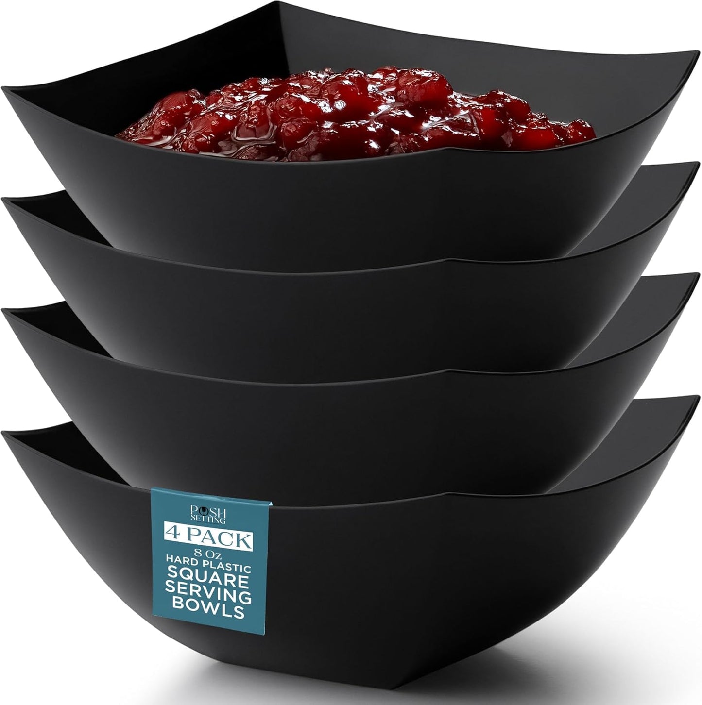Posh Setting - Black Plastic Serving Bowls for Party (8oz - 4 Pack) Square Bowls, Disposable Chip Bowls, Candy Bowls for Party Table, Salad & Fruit Bowls for Party, Candy Containers for Candy Buffet