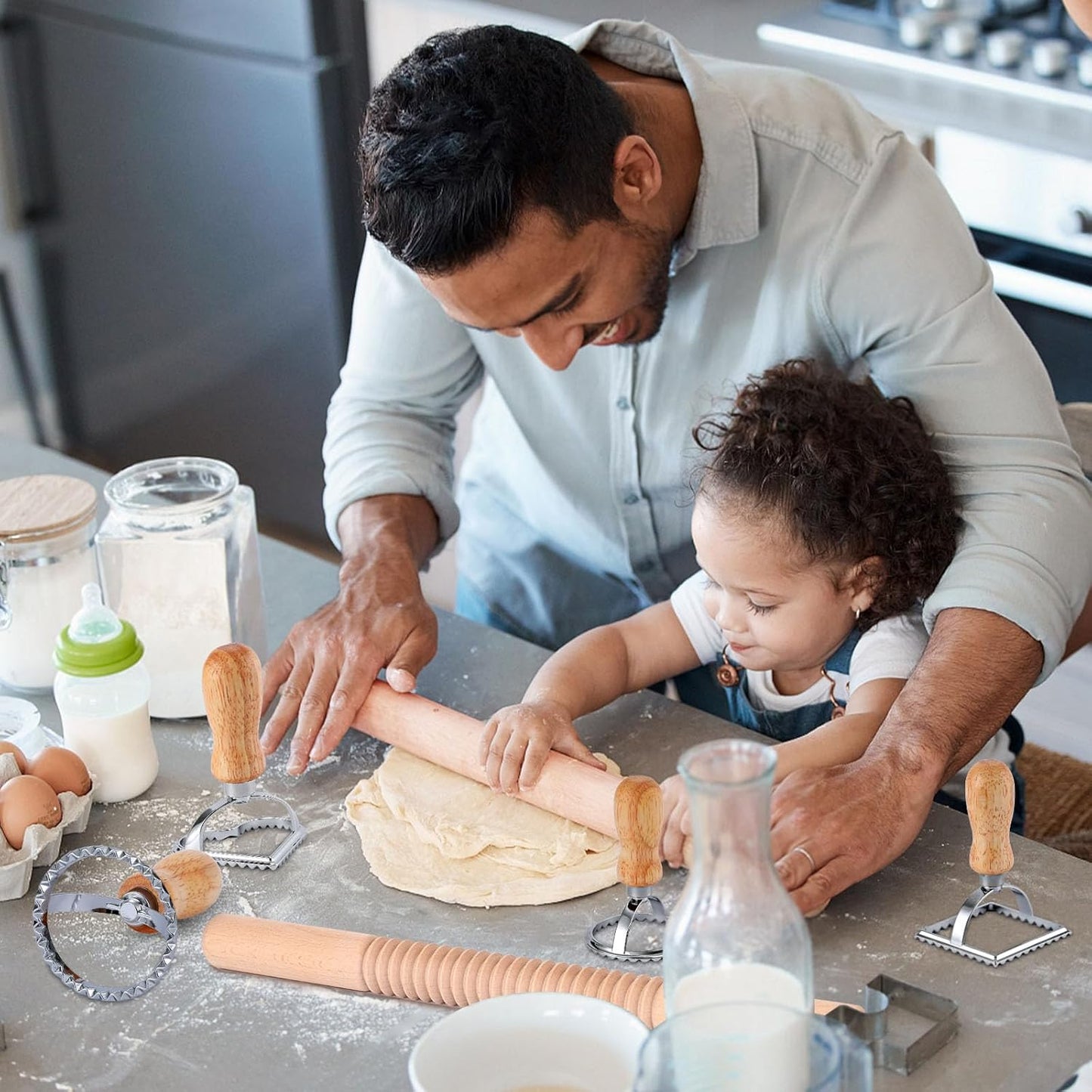 11 PCS Pasta Making Tool, Ravioli Maker Cutter Stamp Set, 1 Pasta Cutter Wheel with 1 Dough Roller, 1 Wood Gnocchi Board with 1 Ravioli Rolling Pin, Pasta Maker Tools for Lasagna, Pierogi