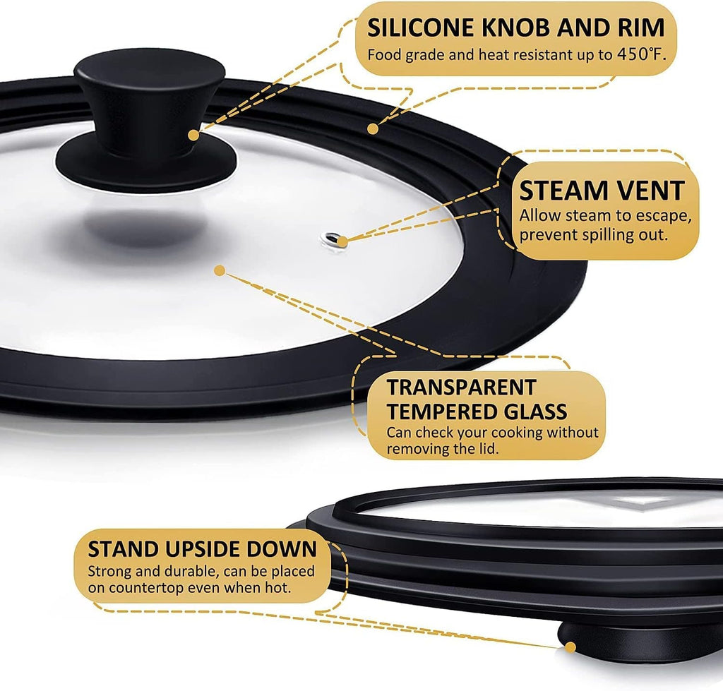 Universal Lids for Pots, Pans & Skillets - Fits 7", 8" & 9" Diameter, 10", 11" & 12" Diameter Cookware, Tempered Glass with High Heat Resistant Silicone Rim (2PK)