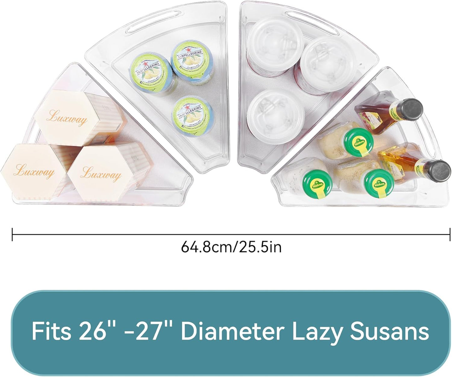 Oubonun Lazy Susan Organizers Set of 4, 10.2”x 9.4”x 4” Plastic Transparent Kitchen Cabinet Storage Bins with Handle, 4" Deep Container, 1/8 Wedge - Food Safe, without BPA