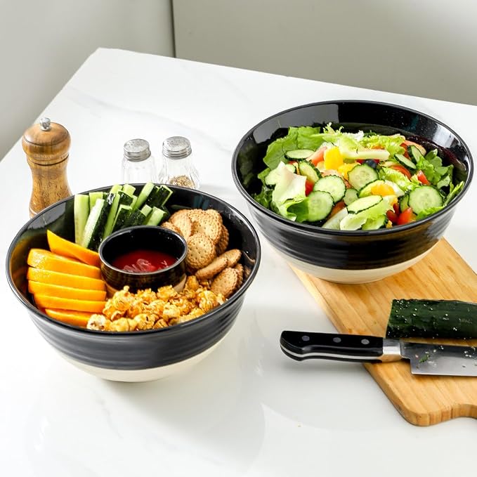 HASENSE Large Ceramic Serving Bowls Set of 2, 84 Oz 9 Inch Black & Beige - Image 4