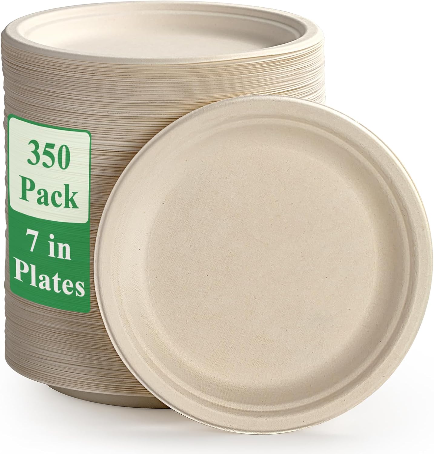 Vplus 350 Pack Paper Plates 7 inch 100% Compostable, Heavy-Duty Disposable Paper Plates Bagasse Natural Biodegradable Eco-Friendly Sugarcane