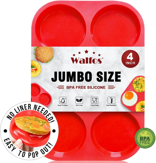 Walfos Silicone Muffin Top Pans for Baking 4inch Jumbo Size, Perfect Results Premium Non-Stick Bakeware Egg Baking Pan, Great for Eggs, Hamburger Bun, Muffin Top and More, Food Grade & BPA Free, 1pc