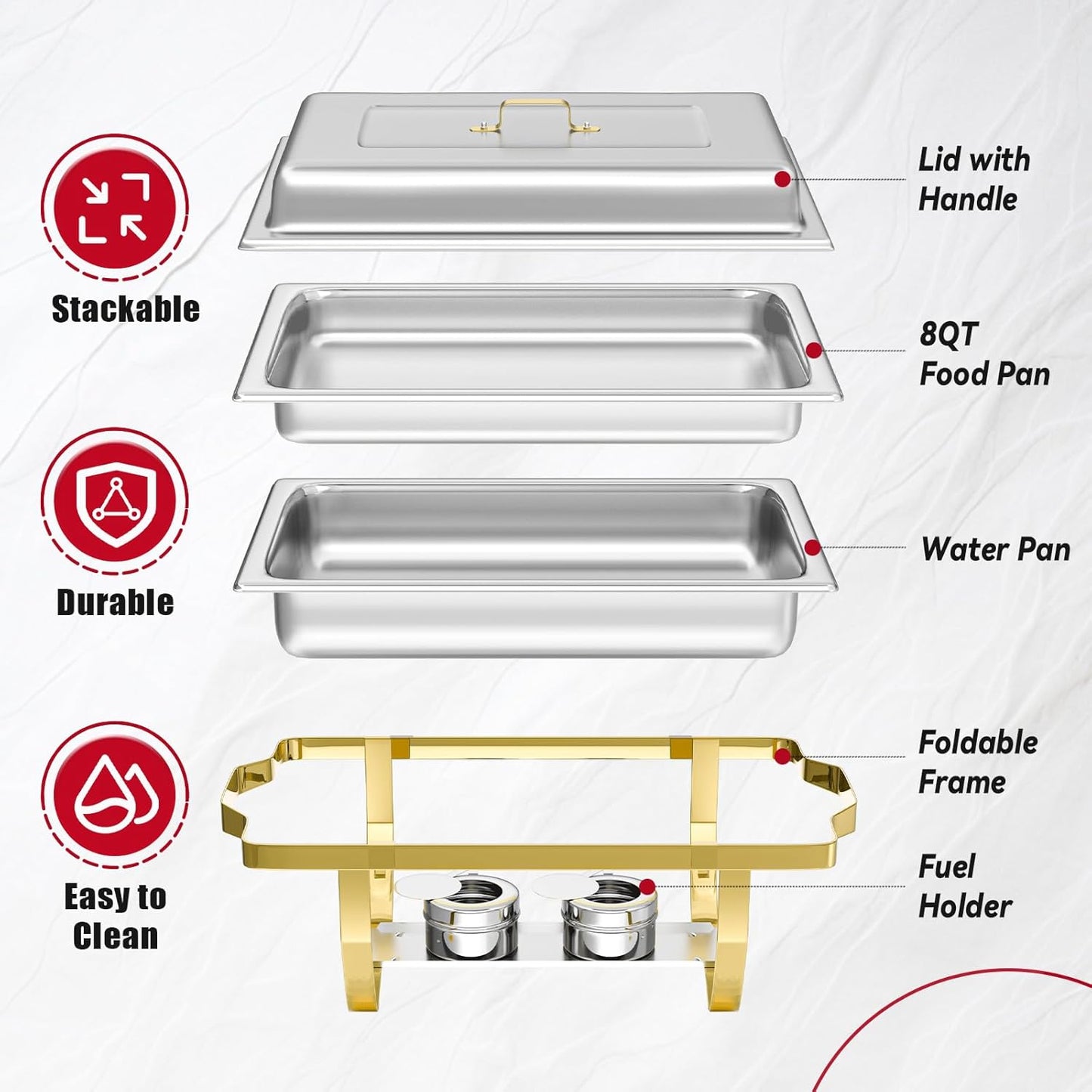 Chafing Dish Buffet Sets of 2, 8QT Stainless Steel Rectangular Chafers and Buffet Warmer Sets for Catering, with Food & Water Pan, Lid, Gold Foldable Frame, Fuel Holder for Event Party Holiday