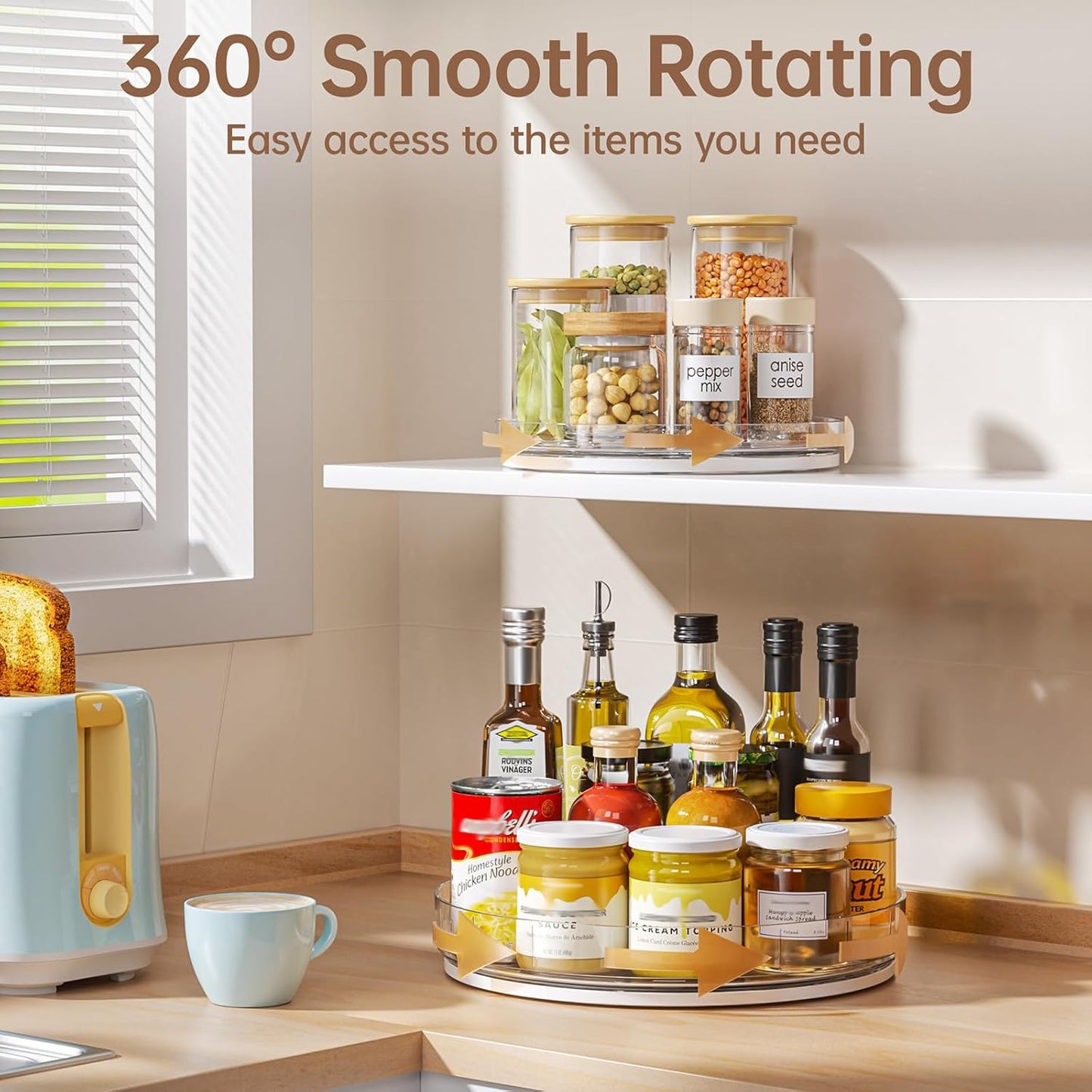 LAMU 3 Pack Lazy Susan Organizer, Clear Lazy Susan Turntable for Cabinet, Spice Organizer for Pantry, Refrigerator, Table Top, Kitchen Organizer and Storage, 2 Size (1 Piece 11'' + 2 Piece 9'')