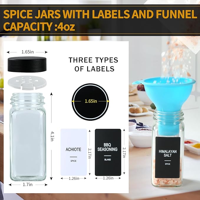 24 Glass Spice Jars with Labels, Spice Jar Set, 4oz Spice Containers, Seasoning - Image 3