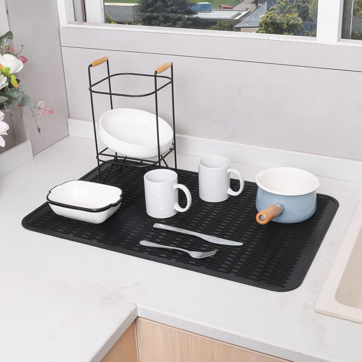 Silicone Dish Drying Mat for Multiple Usage,Easy clean,Eco-friendly,Heat-resistant Silicone Mat for Kitchen Counter or Sink,Refrigerator or Drawer Liner Black 3XL 28 inches x 18 inches