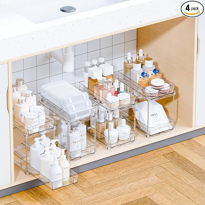 Yieach 4 Set Bathroom Organizers and Storage, 2 Tier Clear Under Sink Organizer by Yieach