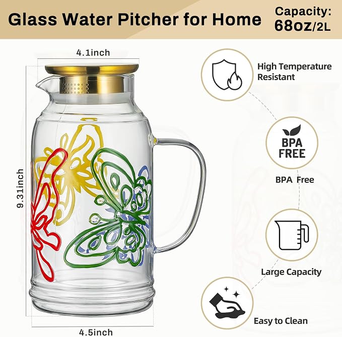 Buaic Glass Pitcher with Lid and Handle, 2 PACK 68 oz/2 Liter Vintage Hand - Image 2