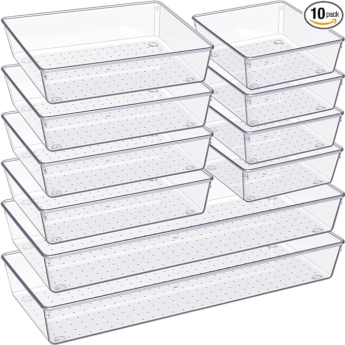 Criusia Drawer Organizer, 10 Pack Large Clear Plastic Set, 3 Size Versatile by Criusia