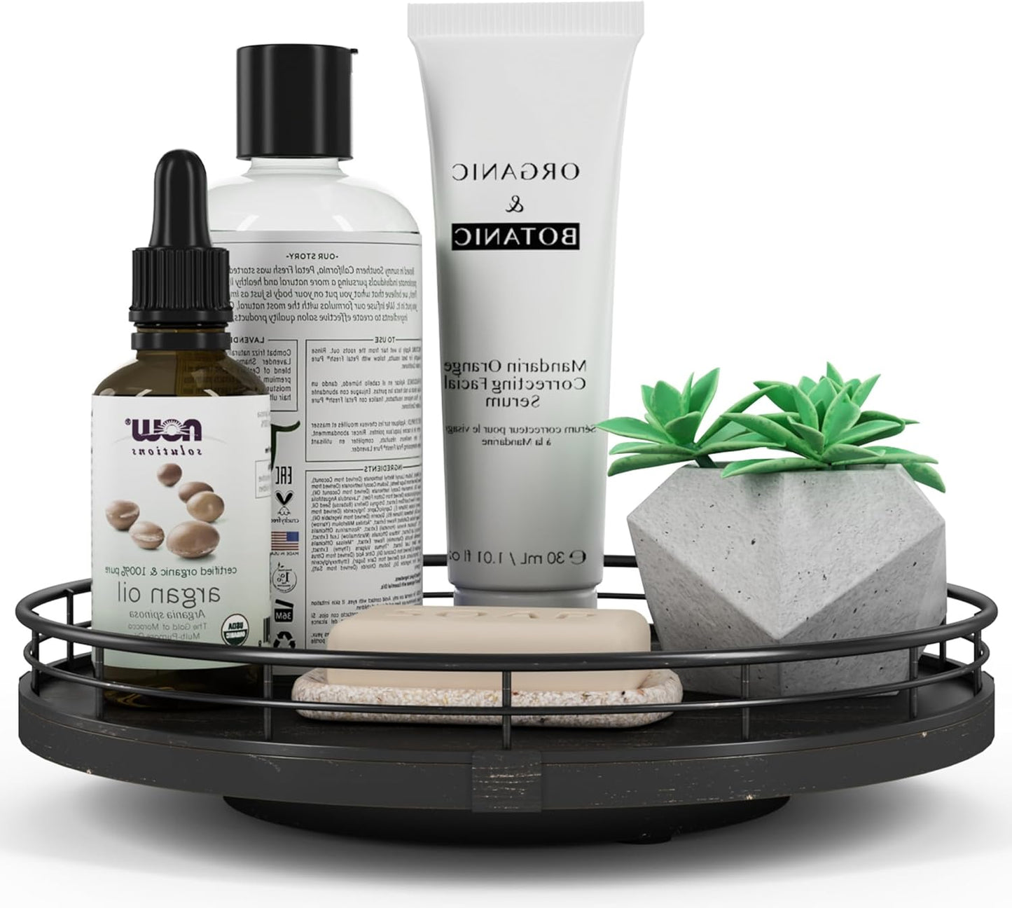 10" Oak Bathroom Vanity Tray Turntable for Perfume Candle, Round Wooden Decorative Tray for Kitchen Sink Countertop Organizer, Bathroom Counter Organizer for Skincare Makeup, Farmhouse Black Gold