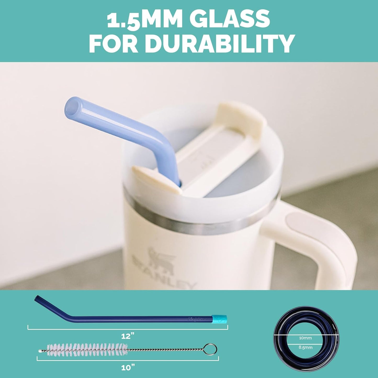 Simply Straws 12 Inch Glass Straws Bent (6-Pack) – Reusable Glass Straws for Stanley 40 Oz Tumbler, with Cleaning Brush – Durable, Dishwasher Safe, Hot & Cold Use, BPA-Free (Fjord Mist)