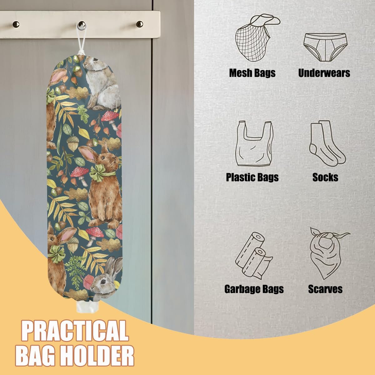 Rabbit Bunny Plastic Bag Holder, Wall Mount Grocery Bag Holder, Plastic Storage bag, Pull Rope Free Adjustment, Plastic Bag Holders for Grocery Bags, Plastic Bag Dispenser for Home Kitchen