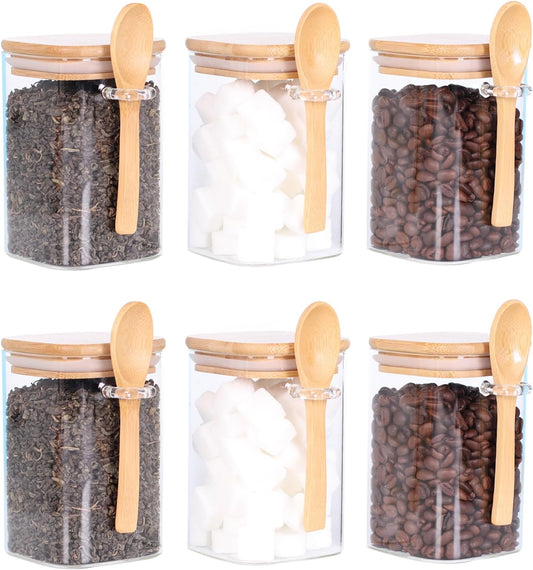 Glass Jar with Bamboo Lid and Spoon,Set of 6 Square 17 OZ Tea Containers for Loose Leaf Tea, Salt and Sugar Containers for Countertop, Yogurt Jars for Overnight Oatmeal
