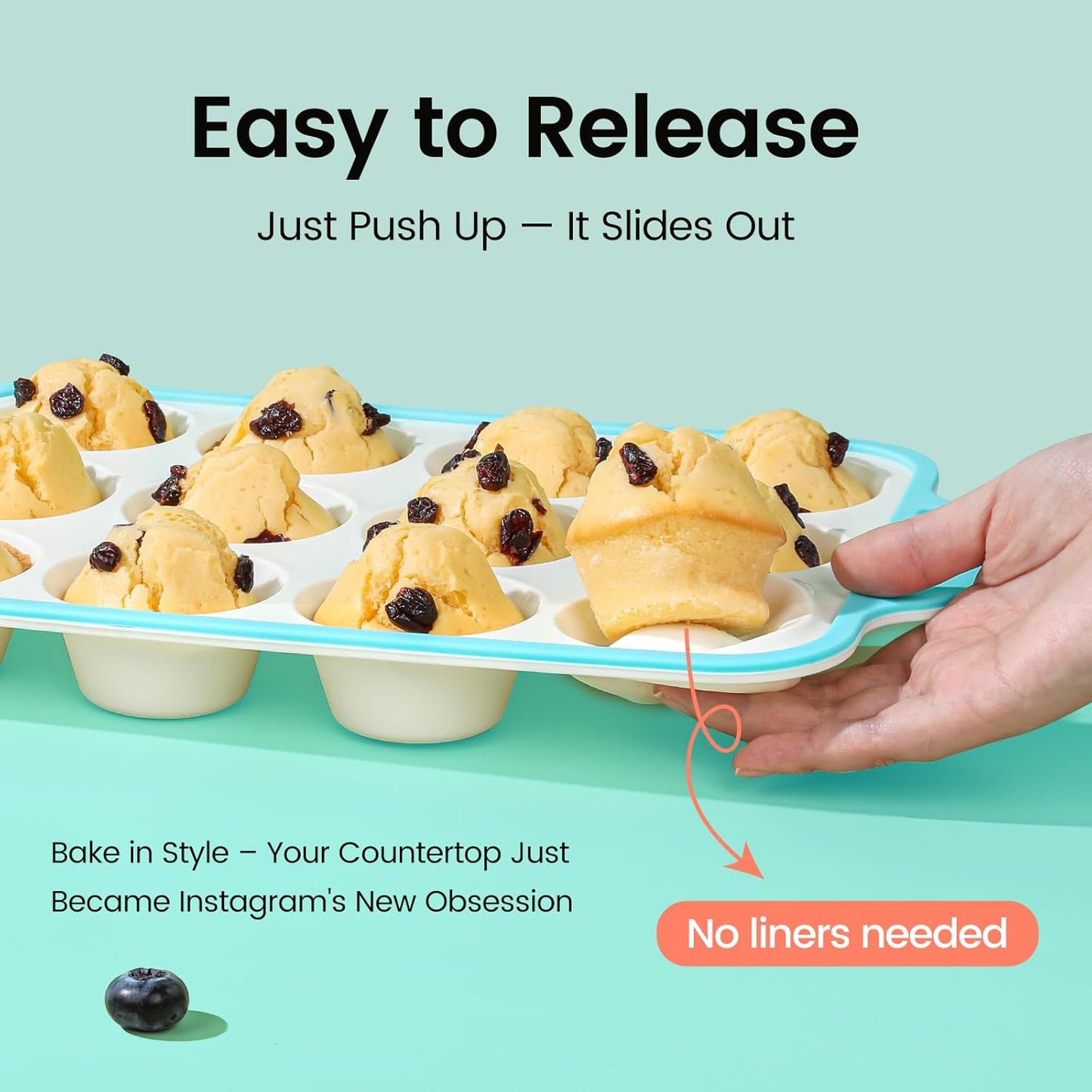 Silicone Muffin Pans for Baking 1 Pack, 2.6 Inch with Metal Reinforced Frame, Regular Size Nonstick Cupcake Pan 12 Cups for Baking Homemade Muffins, Dishwasher Safe BPA Free-Blue