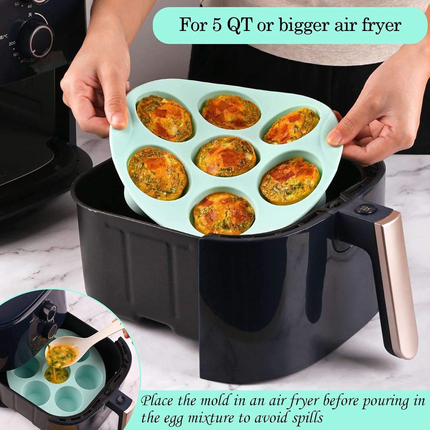 Sakolla 2 Pack Silicone Egg Bite Molds for Air Fryer, Nonstick 7 Cups Air Fryer Muffin Pan for Baking Egg Bite, Mini Muffins, Tart, Mini Cupcake and Quiche (Pink + Green)