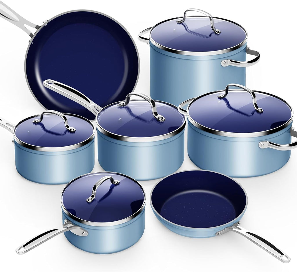 Nuwave 12pc Forged Lightweight Cookware Set, G10 Healthy Duralon Ceramic Ultra Non-Stick Coating, Vented Tempered Glass Lids, Stay-Cool Handles, Induction-Ready & Works on All Cooktops, PFAS Free