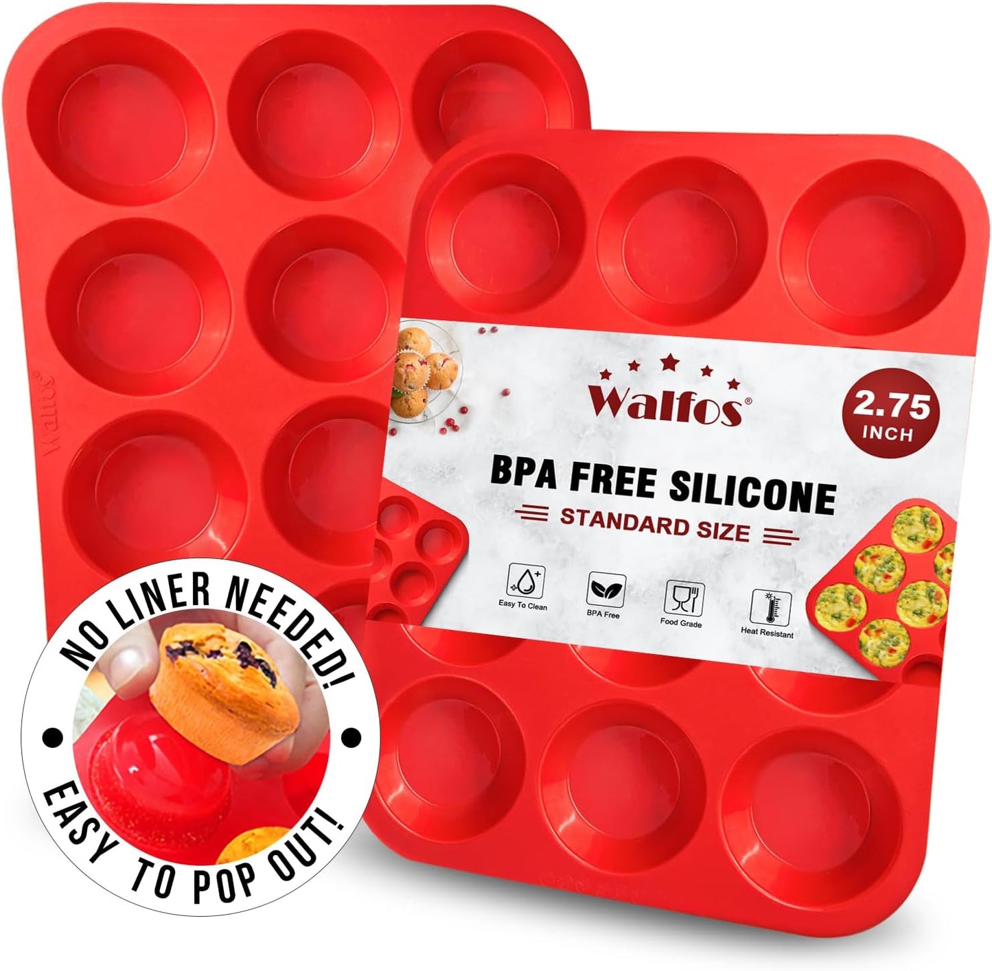 Walfos Muffin Pan Set - 12 Cups Regular Silicone Cupcake Pan, Non-stick and BPA Free, Great for Making Muffin Cakes, Tart, Fat Bombs - Dishwasher Safe, 2-Piece