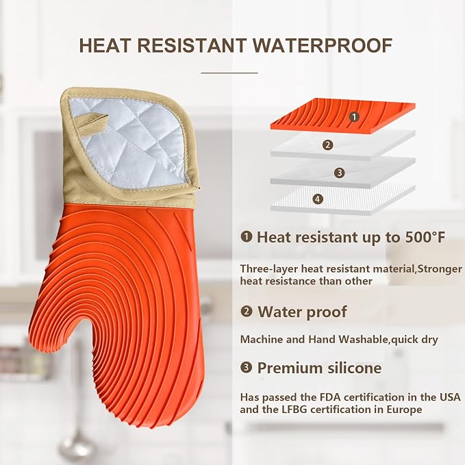 Silicone Oven Mitts-13.6 in Extended Oven Mitts Heat Resistant 500F, Oven Gloves - Image 3