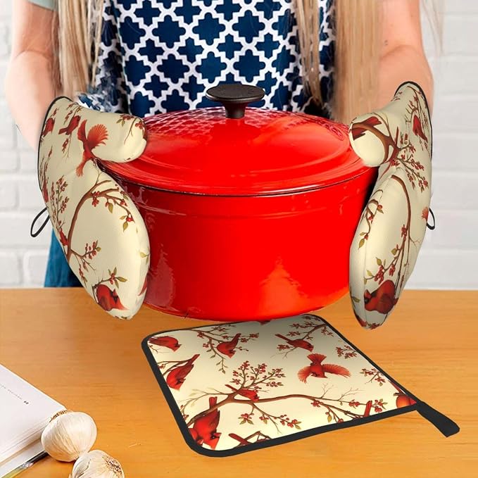 Red Cardinal Oven Mitts and Pot Holders Sets of 3, Non-Slip Christmas Heat - Image 3