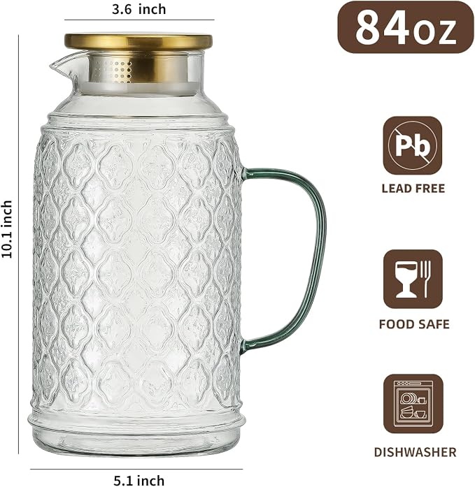 Buaic Glass Pitcher with Lid, 84 oz/2.5 Liter Vintage Water Pitcher, Iced Tea - Image 2