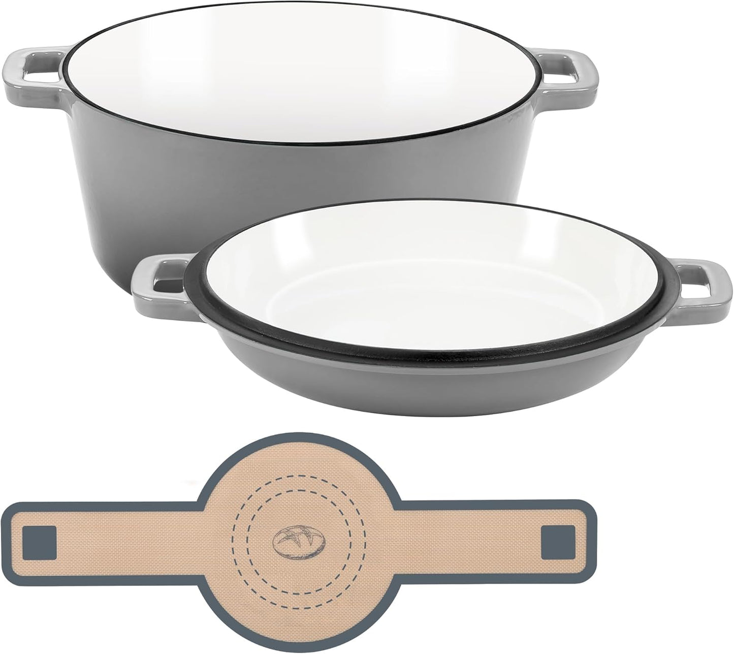 E-far 5 Quart Enameled Cast Iron Dutch Oven, 2 in 1 Dutch Oven Pot with Skillet Lid and Silicone Bread Sling, Ideal for Bread Baking, Cooking, Stewing, Frying, Induction & Oven Safe - Grey
