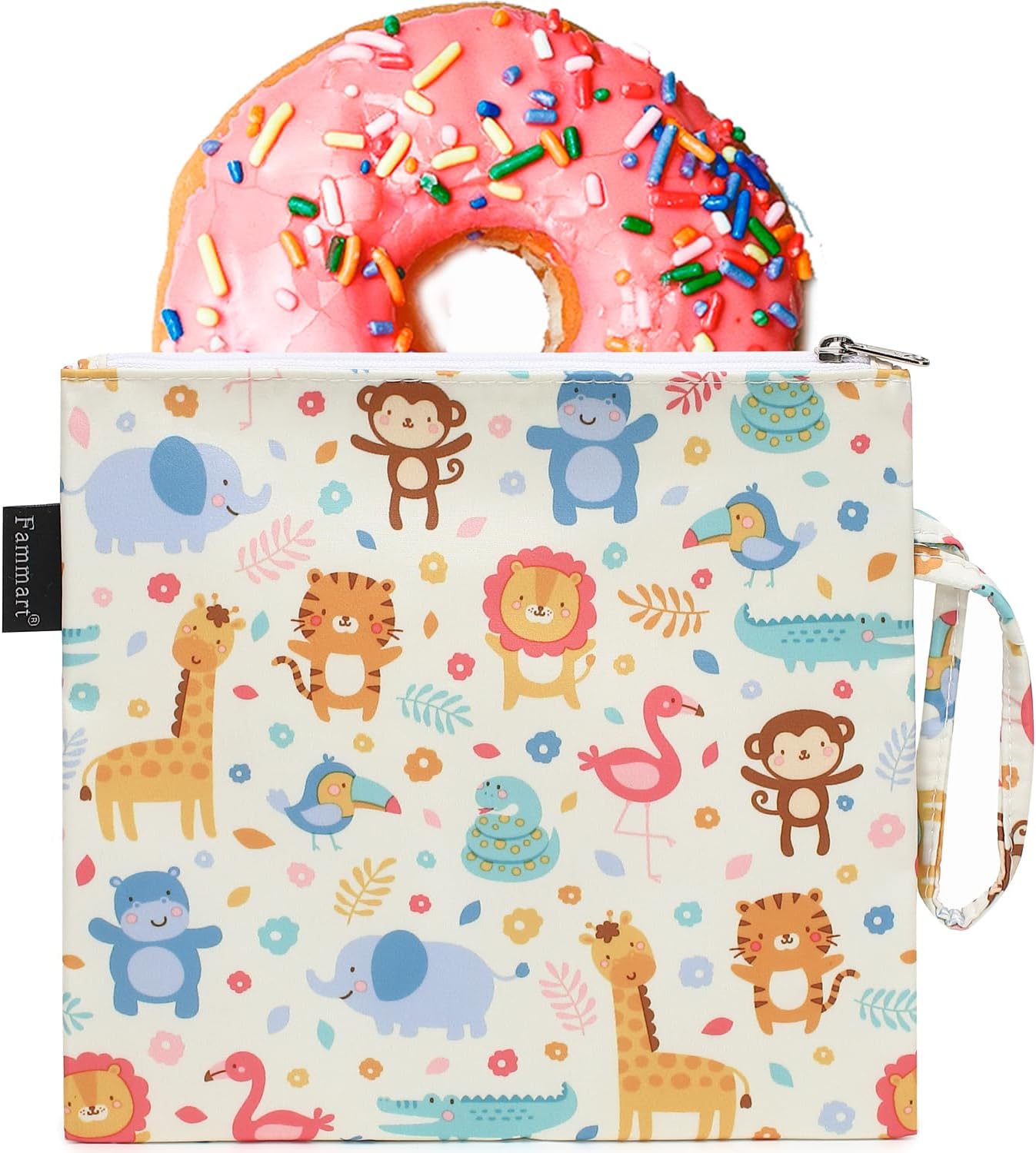 Reusable Sandwich Bag/Snack Bag for Kids & Adults, Dual Layer Lunch Bag with Handle, Washable, Food Safe, BPA Free (1-Pack, Zoo)